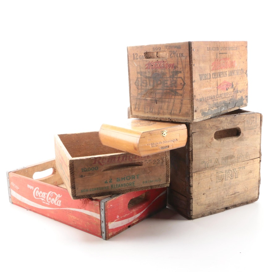 Remington, Coca-Cola, and Canada Dry Wooden Crates, Mid-20th Century