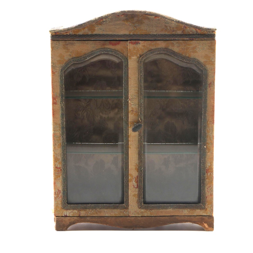 Brocade Covered Wood Wall Cabinet with Beveled Glass Doors, Late 19th Century