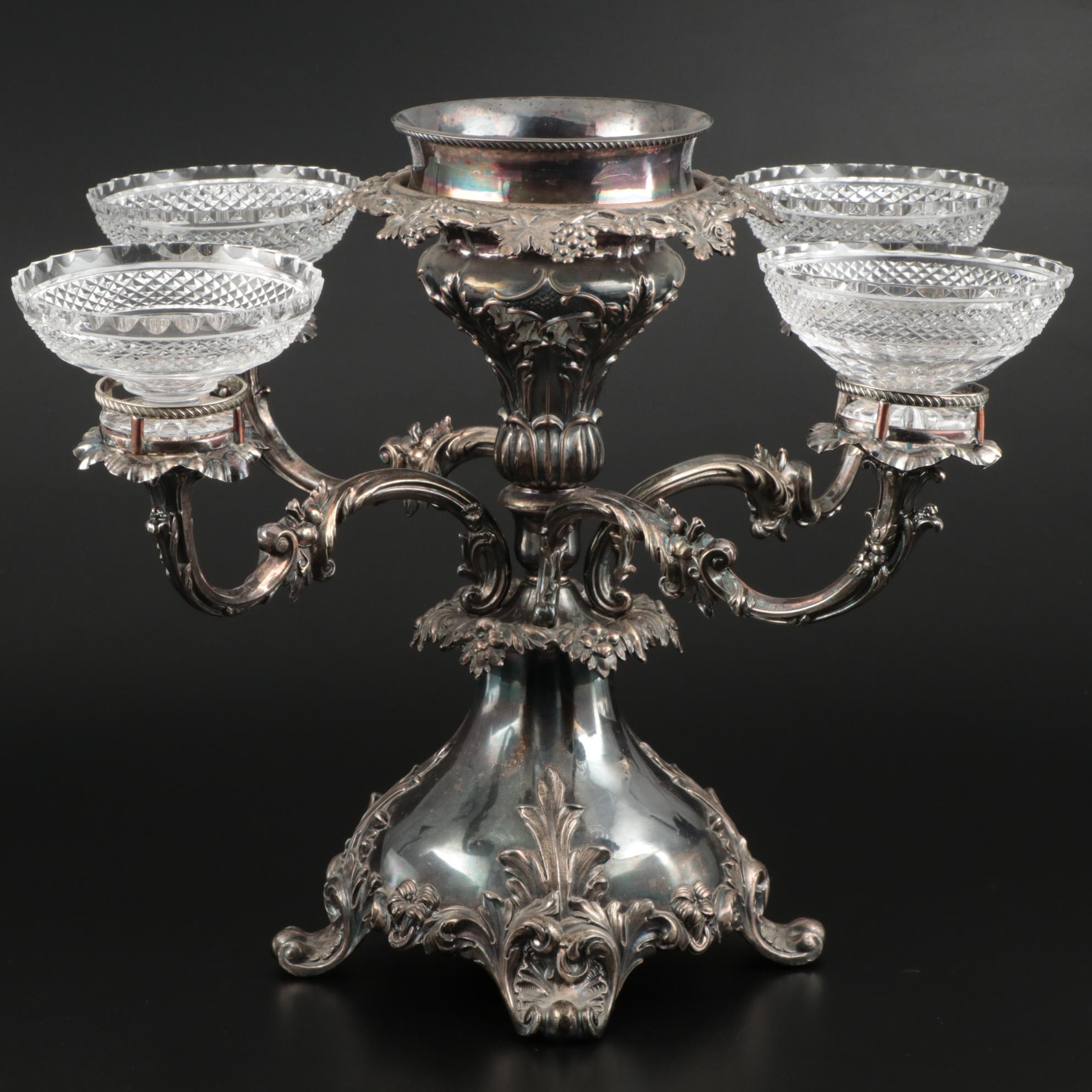 Victorian Silver Plate Epergne with Later Cut Glass Inserts, Late 19th Century