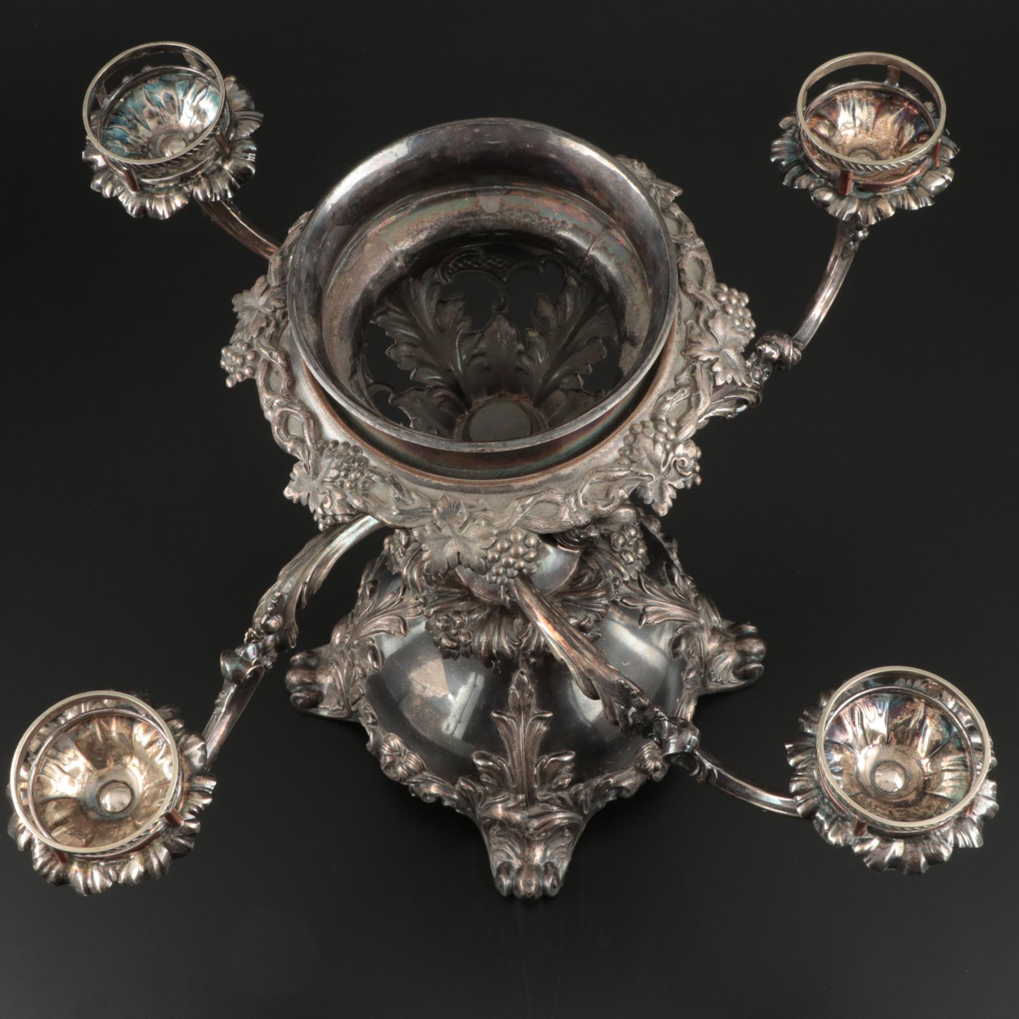 Victorian Silver Plate Epergne with Later Cut Glass Inserts, Late 19th Century