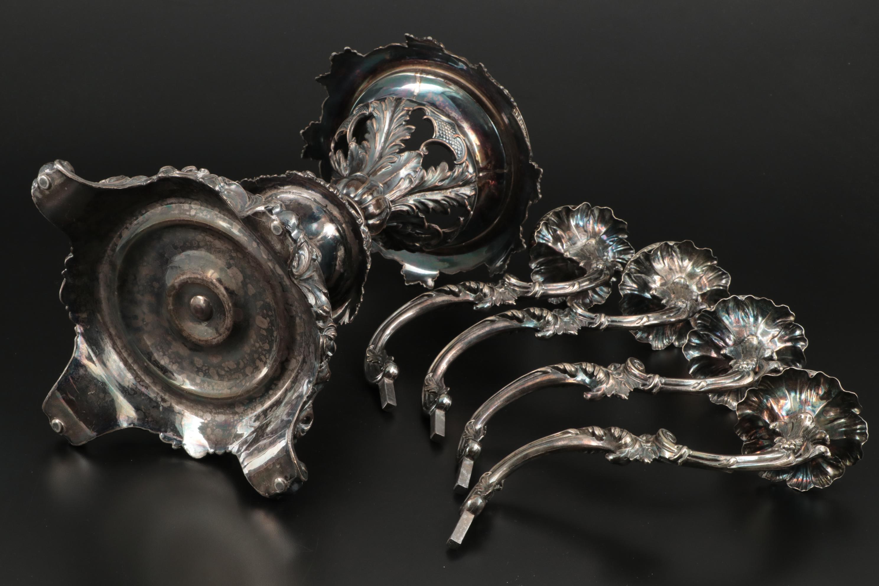 Victorian Silver Plate Epergne with Later Cut Glass Inserts, Late 19th Century