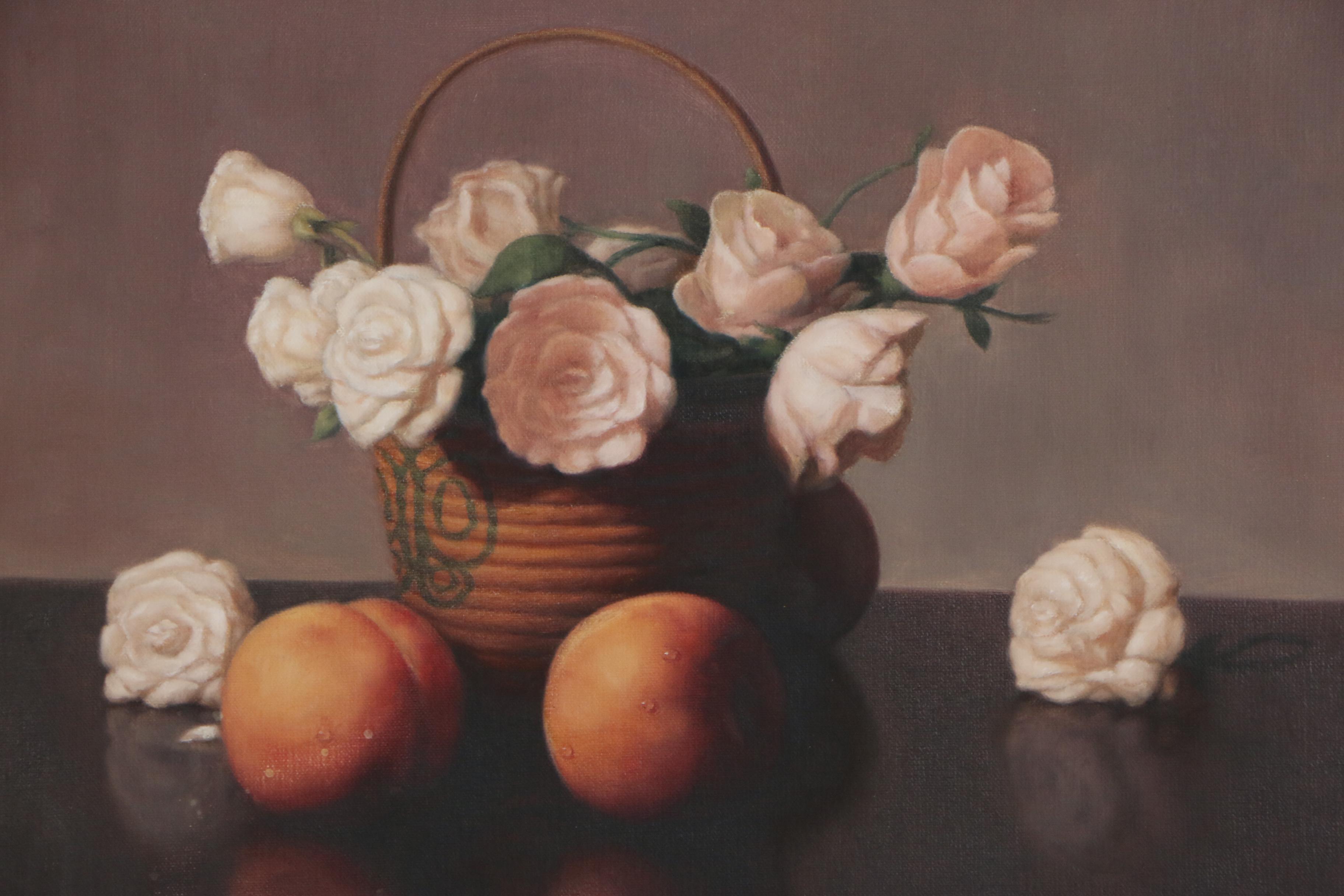 Al Jackson Still Life Oil Painting of Flowers and Peaches, Late 20th Century