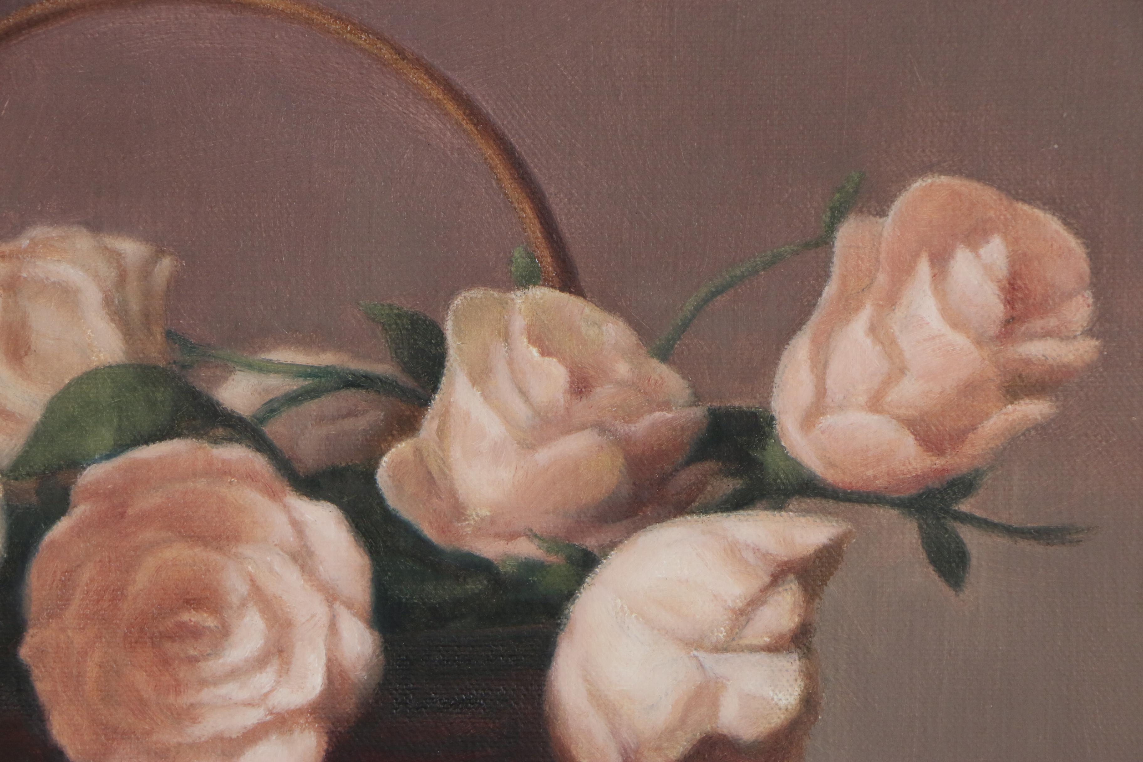 Al Jackson Still Life Oil Painting of Flowers and Peaches, Late 20th Century