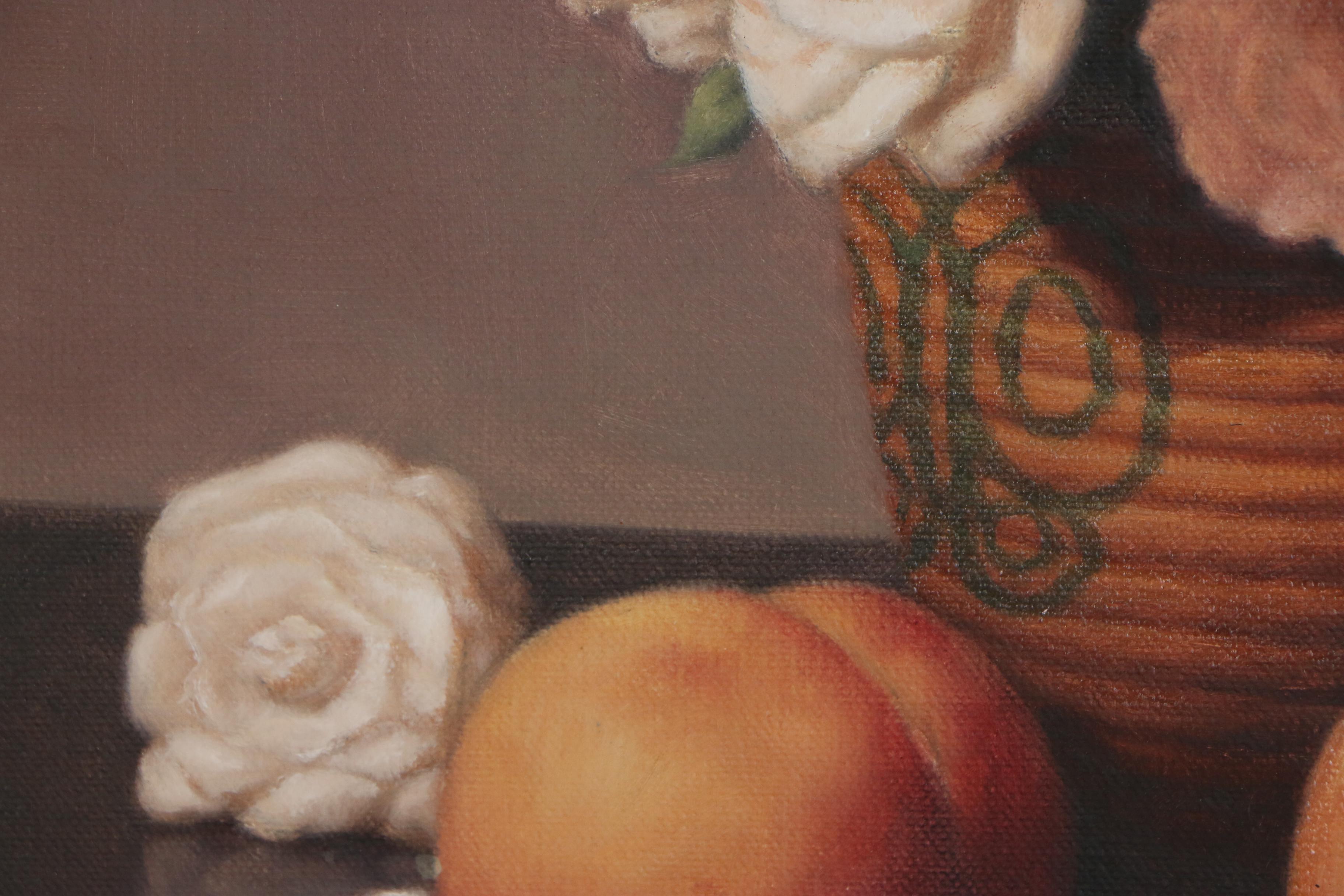 Al Jackson Still Life Oil Painting of Flowers and Peaches, Late 20th Century