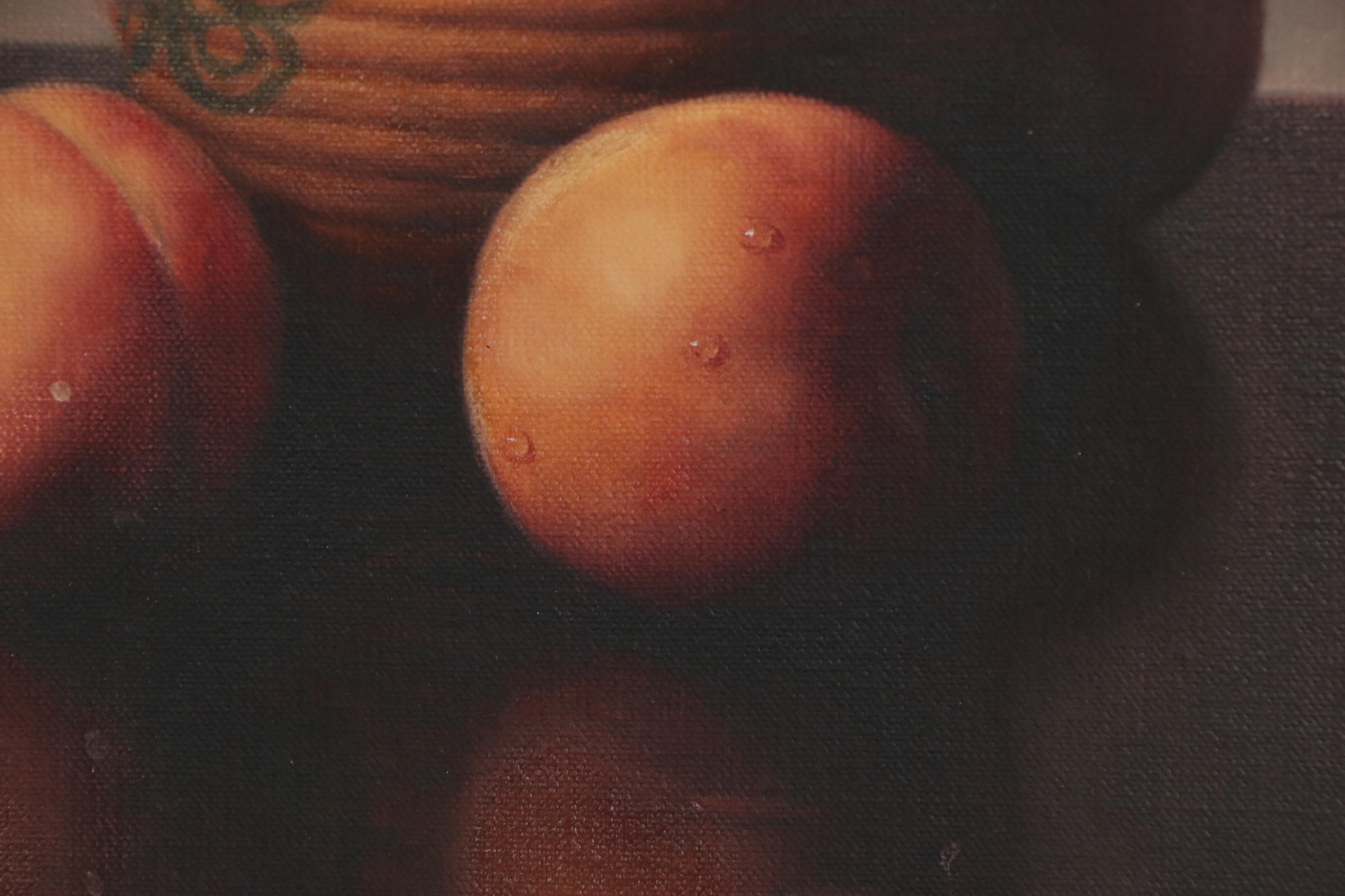 Al Jackson Still Life Oil Painting of Flowers and Peaches, Late 20th Century