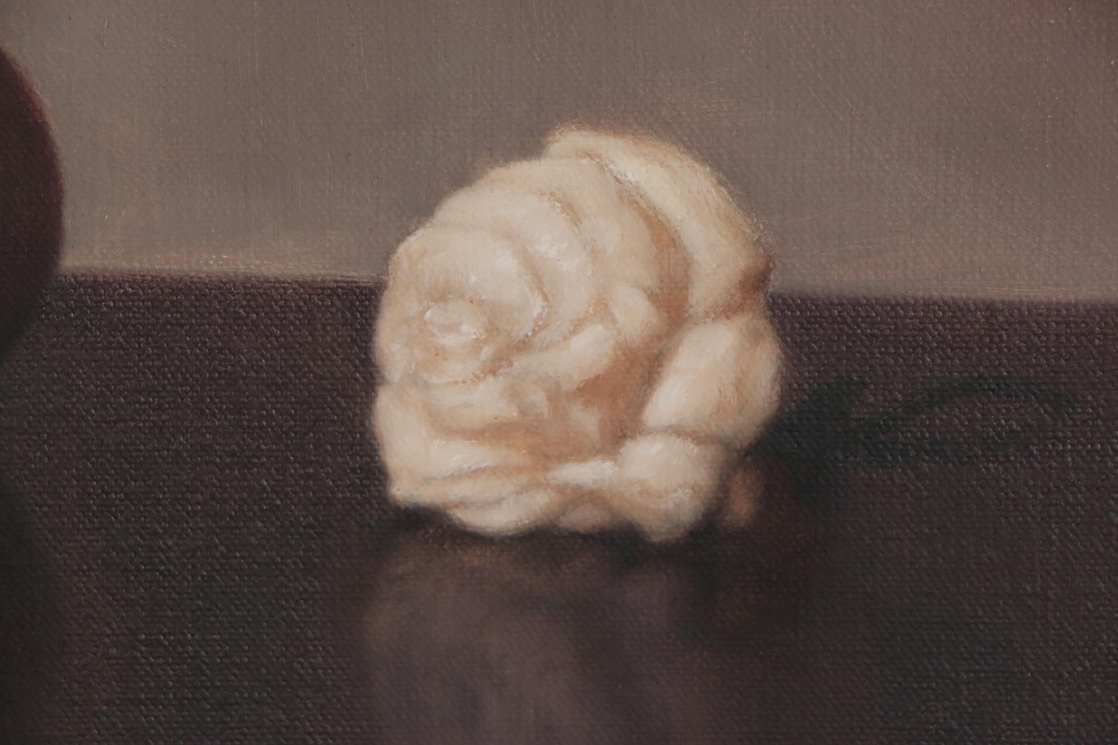 Al Jackson Still Life Oil Painting of Flowers and Peaches, Late 20th Century