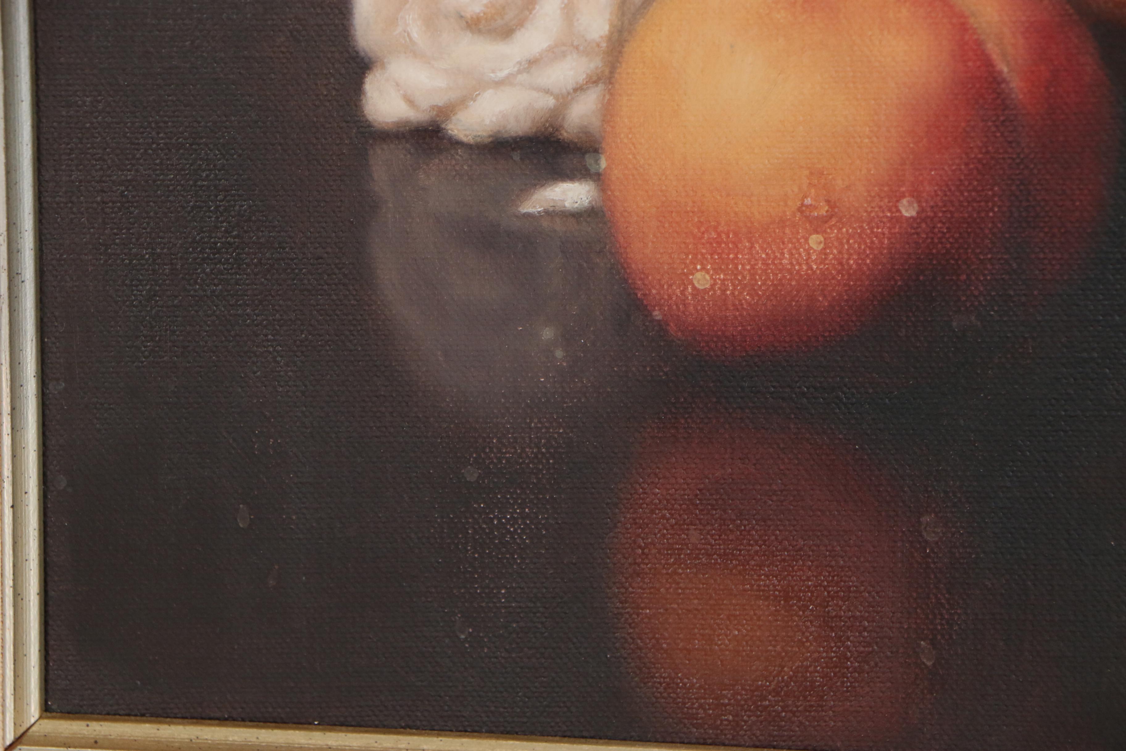 Al Jackson Still Life Oil Painting of Flowers and Peaches, Late 20th Century