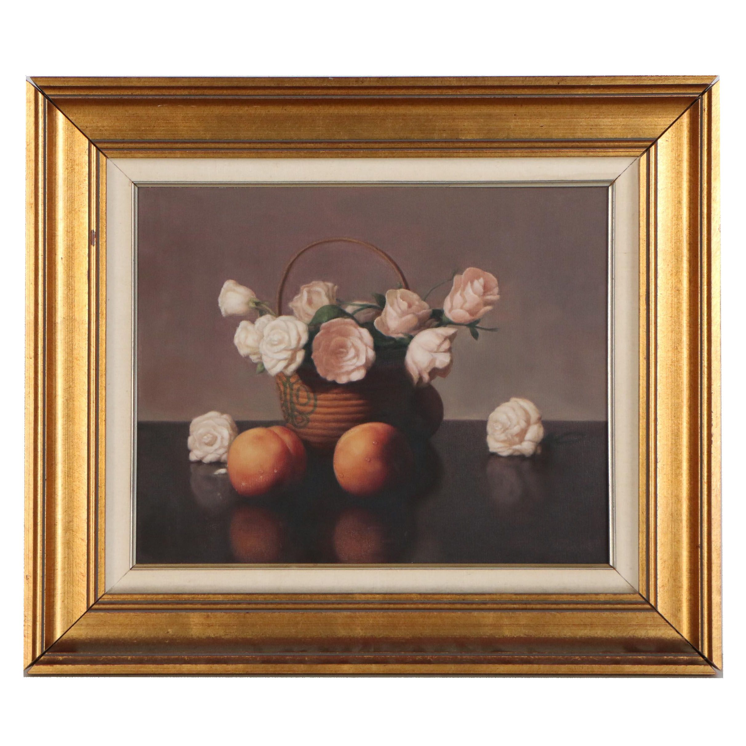 Al Jackson Still Life Oil Painting of Flowers and Peaches, Late 20th Century