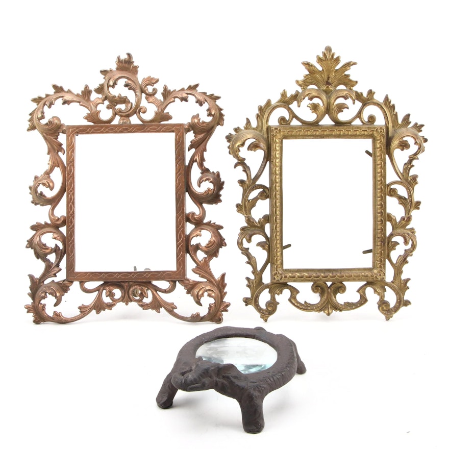 Rococo Style Brass Picture Frames with Cast Iron Elephant Desk Magnifier