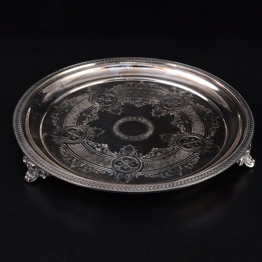 Silver Plate Salver with Engraved Meandros Pattern, Early to Mid 20th Century