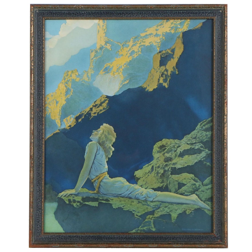 Offset Lithograph after Maxfeild Parrish "Lady on Cliff Mountains"