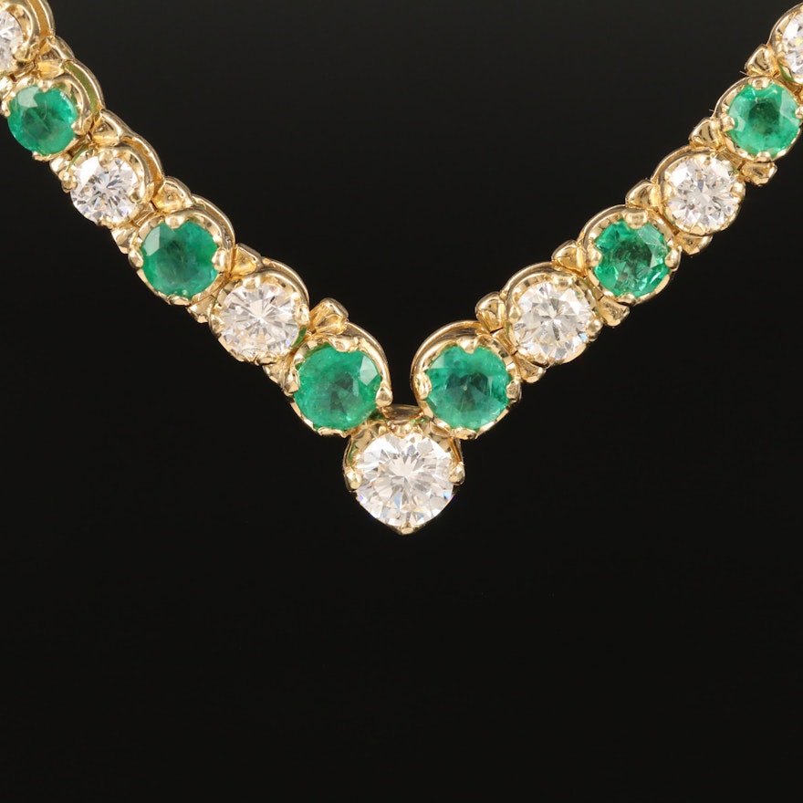 14K Diamond and Emerald Graduated Chevron Necklace
