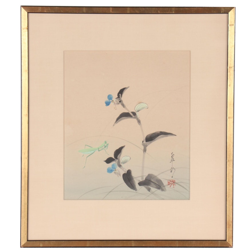 Japanese Watercolor Painting with Praying Mantis, Late 20th Century