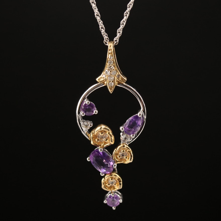 Sterling Silver Amethyst, Topaz and Diamond Pendant Necklace