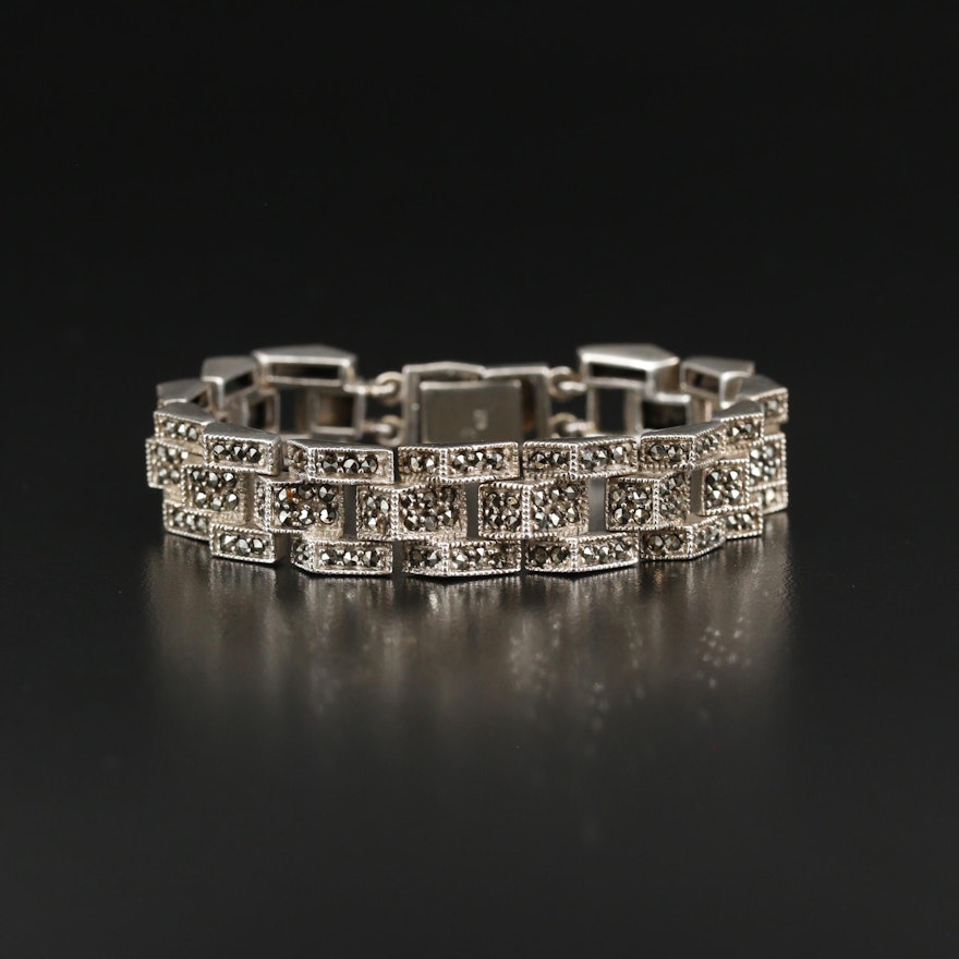 Sterling Silver Marcasite Geometric Multi-Row Bracelet