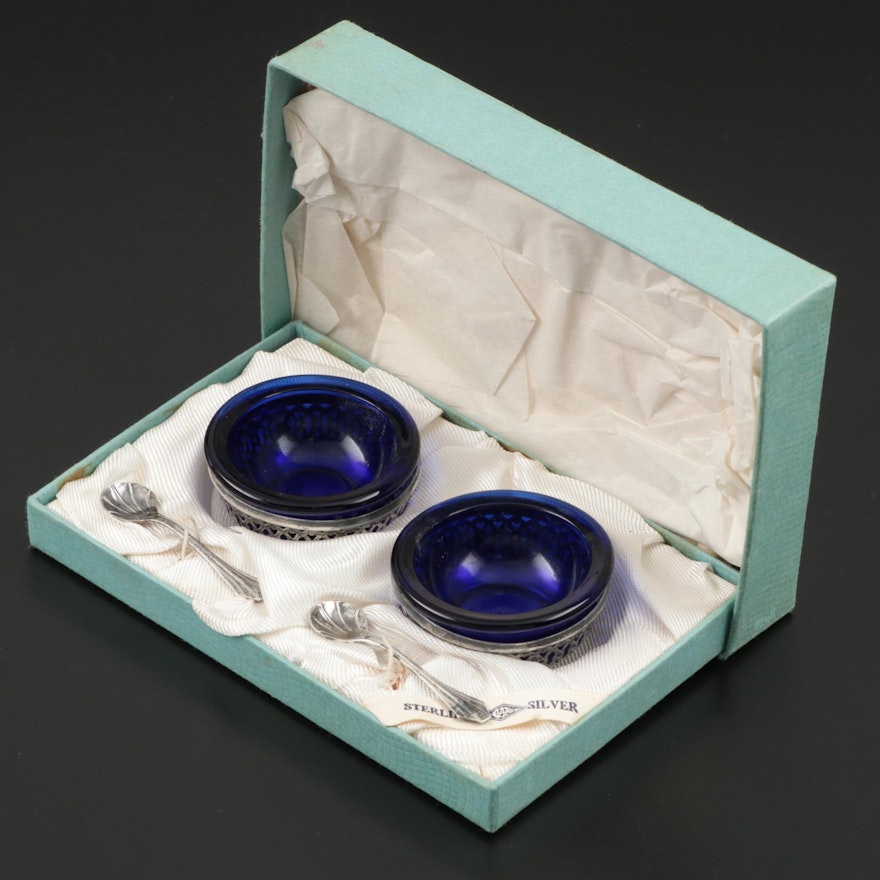 Webster Sterling Silver and Cobalt Glass Salt Cellars with Presentation Box