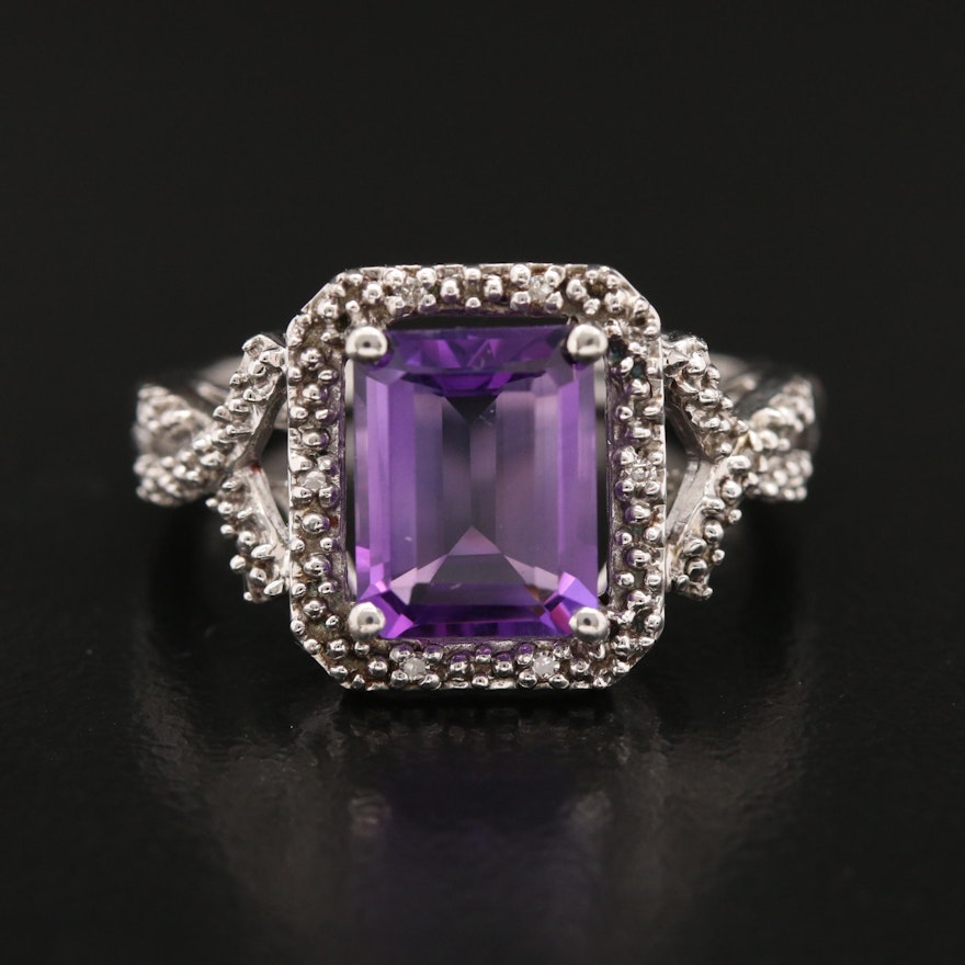 Sterling Rectangular Faceted Amethyst and Diamond Ring with Twist Band