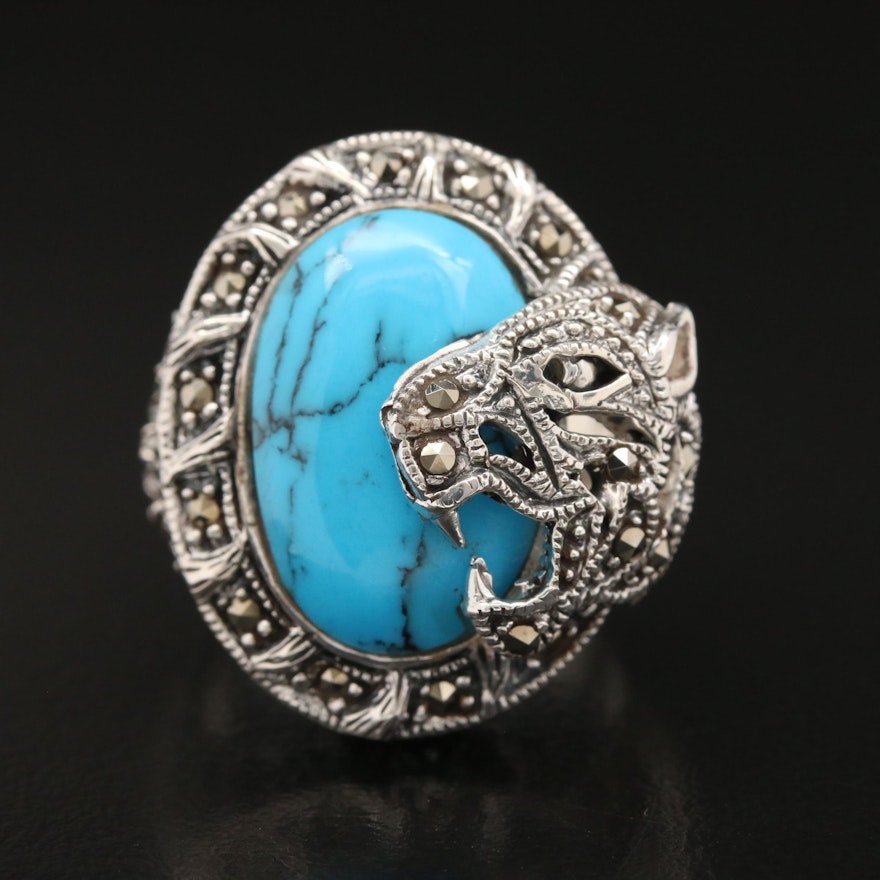 Sterling Silver Tiger Motif Ring Featuring Faux Turquoise and Marcasites