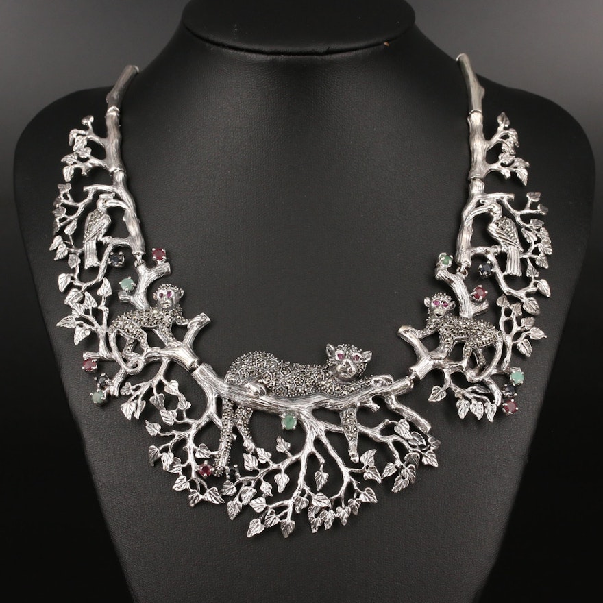 Sterling Silver Ruby, Sapphire and Emerald Lounging Feline Bib Necklace