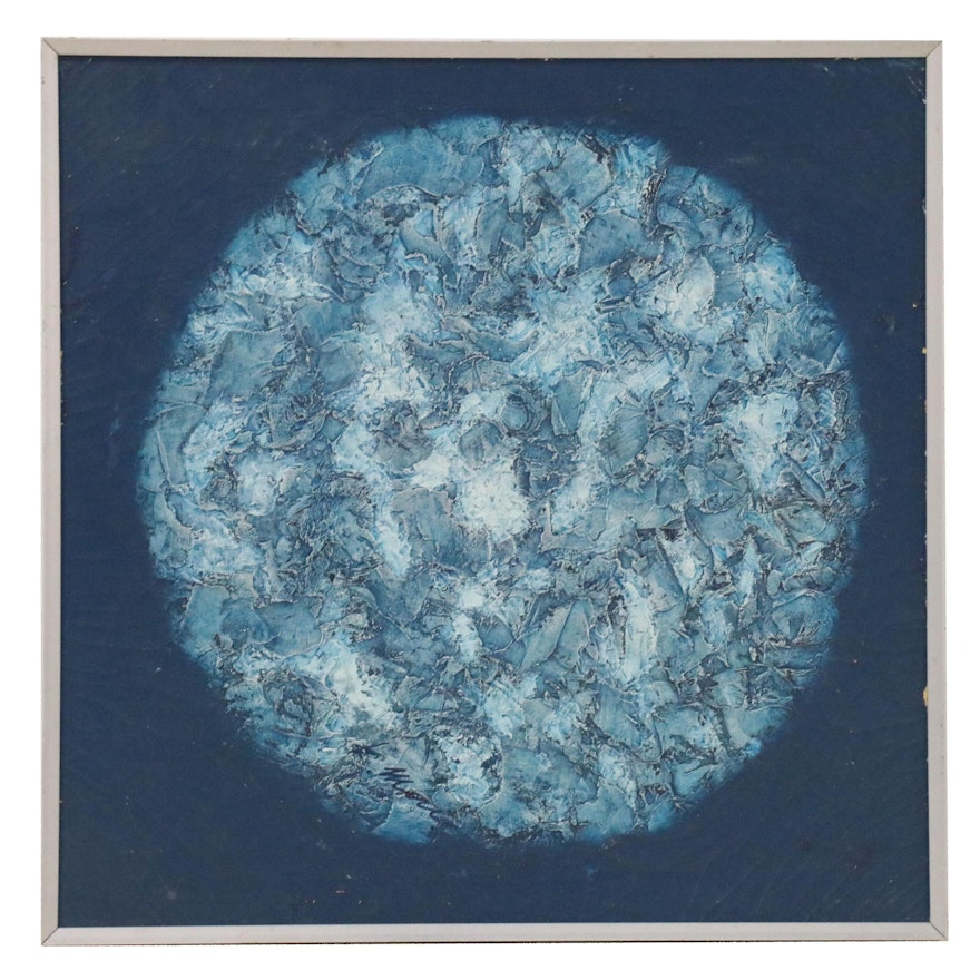 Abstract Textural Oil Painting of Circle in Blue, 1965