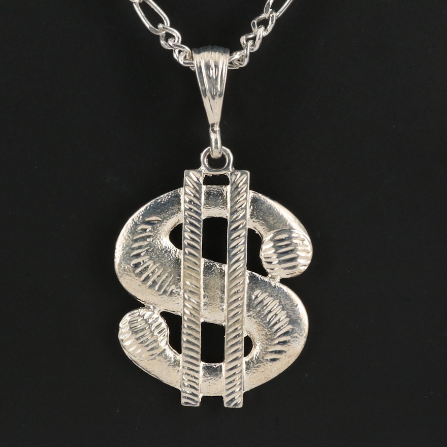 Dollar Sign Pendant on Figaro Chain Necklace