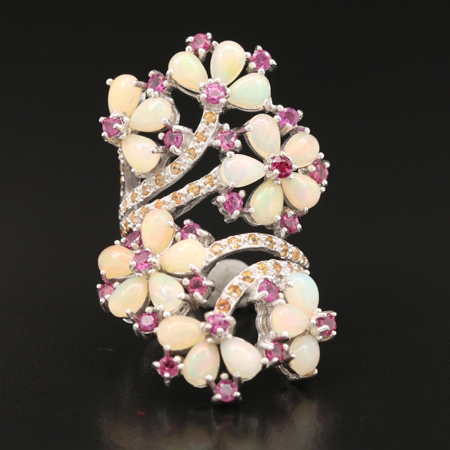 Sterling Opal, Rhodolite Garnet and Sapphire Bypass Floral Motif Ring