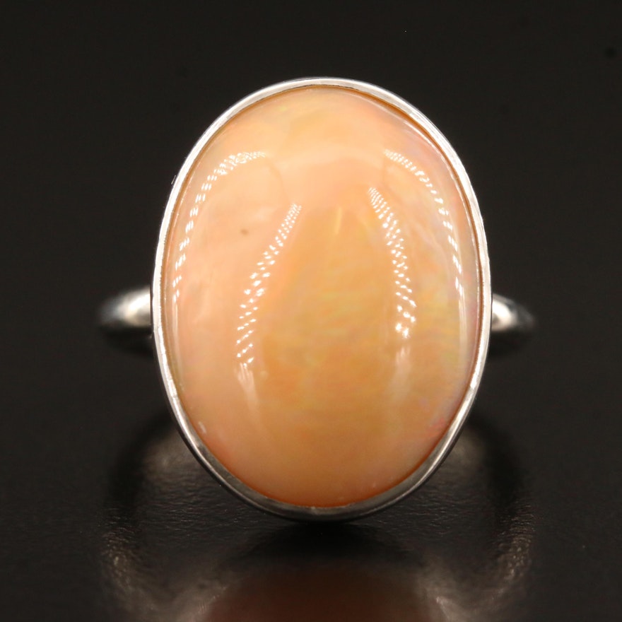 Platinum Oval Opal Cabochon Bezel Set Ring