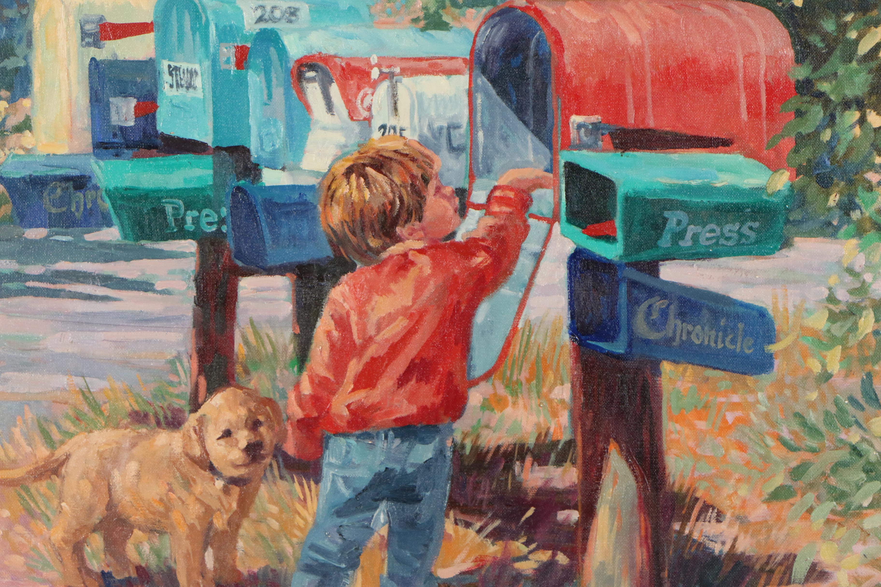 Corinne Hartley Impressionistic Oil Painting of Boy and Dog at Mailboxes