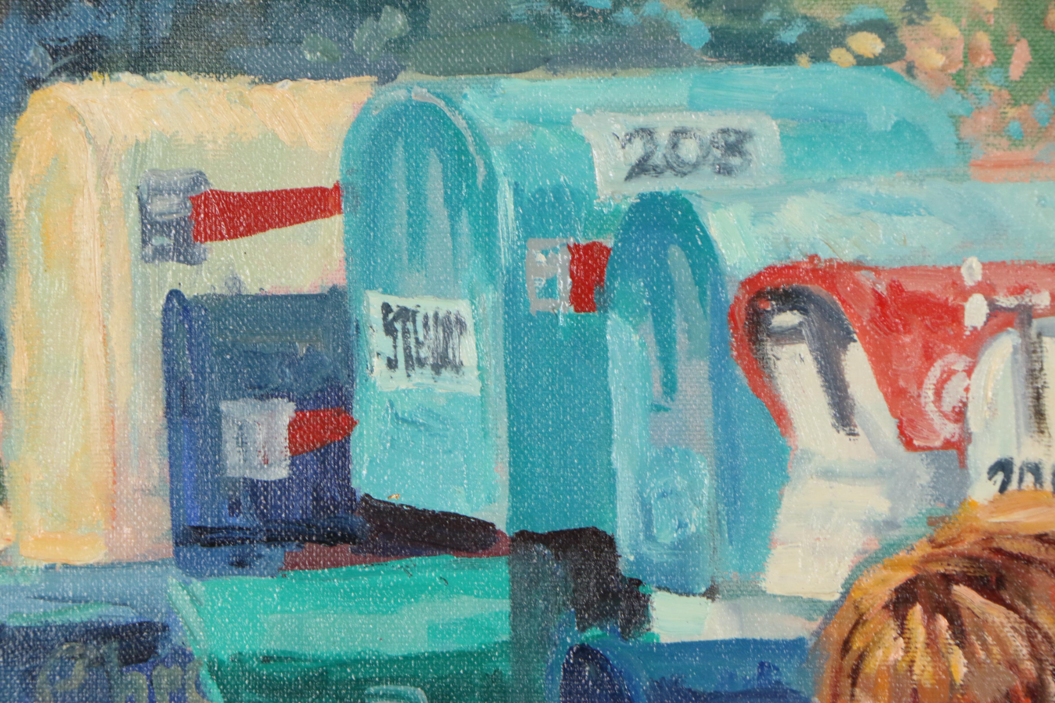 Corinne Hartley Impressionistic Oil Painting of Boy and Dog at Mailboxes