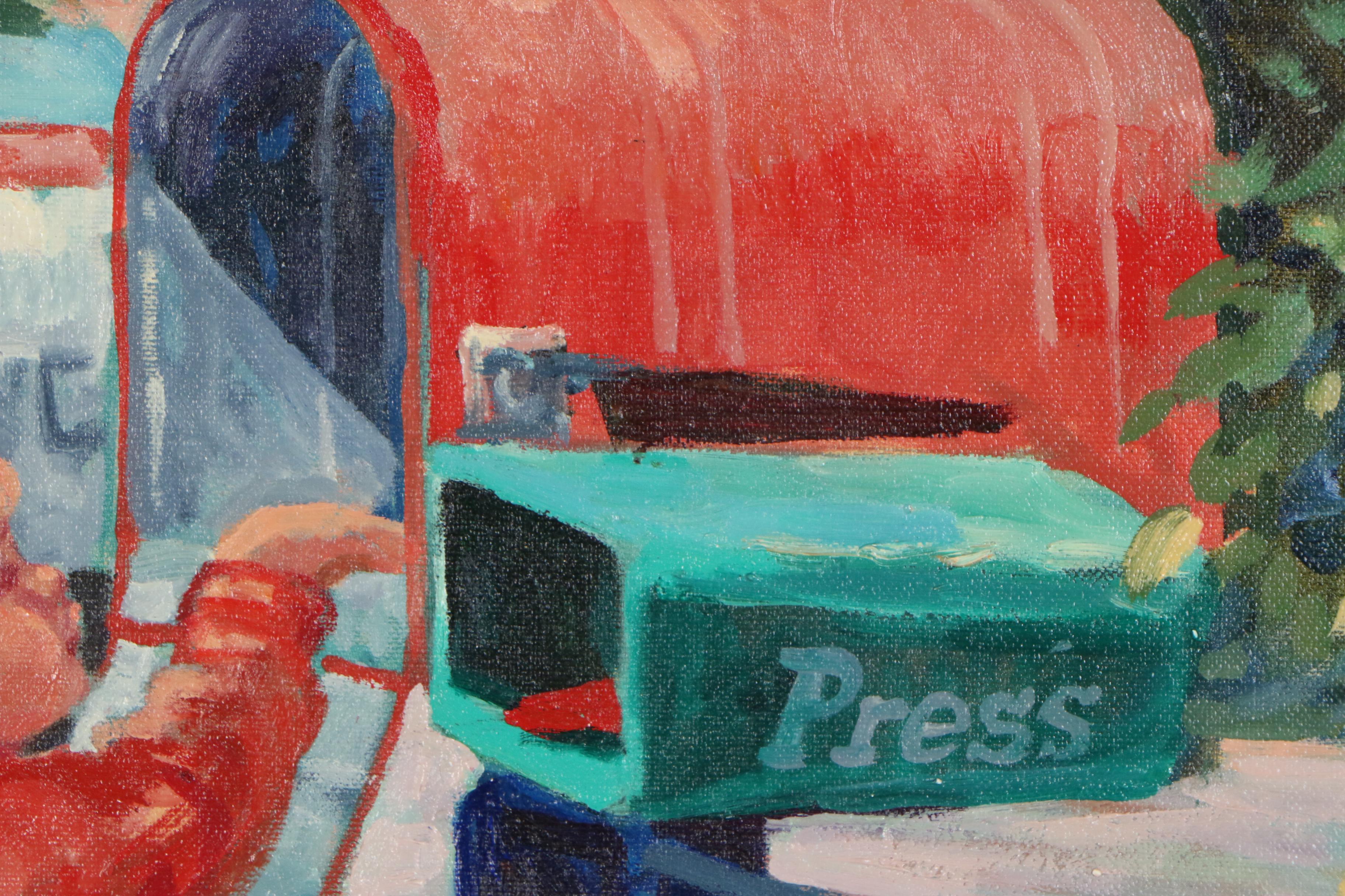 Corinne Hartley Impressionistic Oil Painting of Boy and Dog at Mailboxes