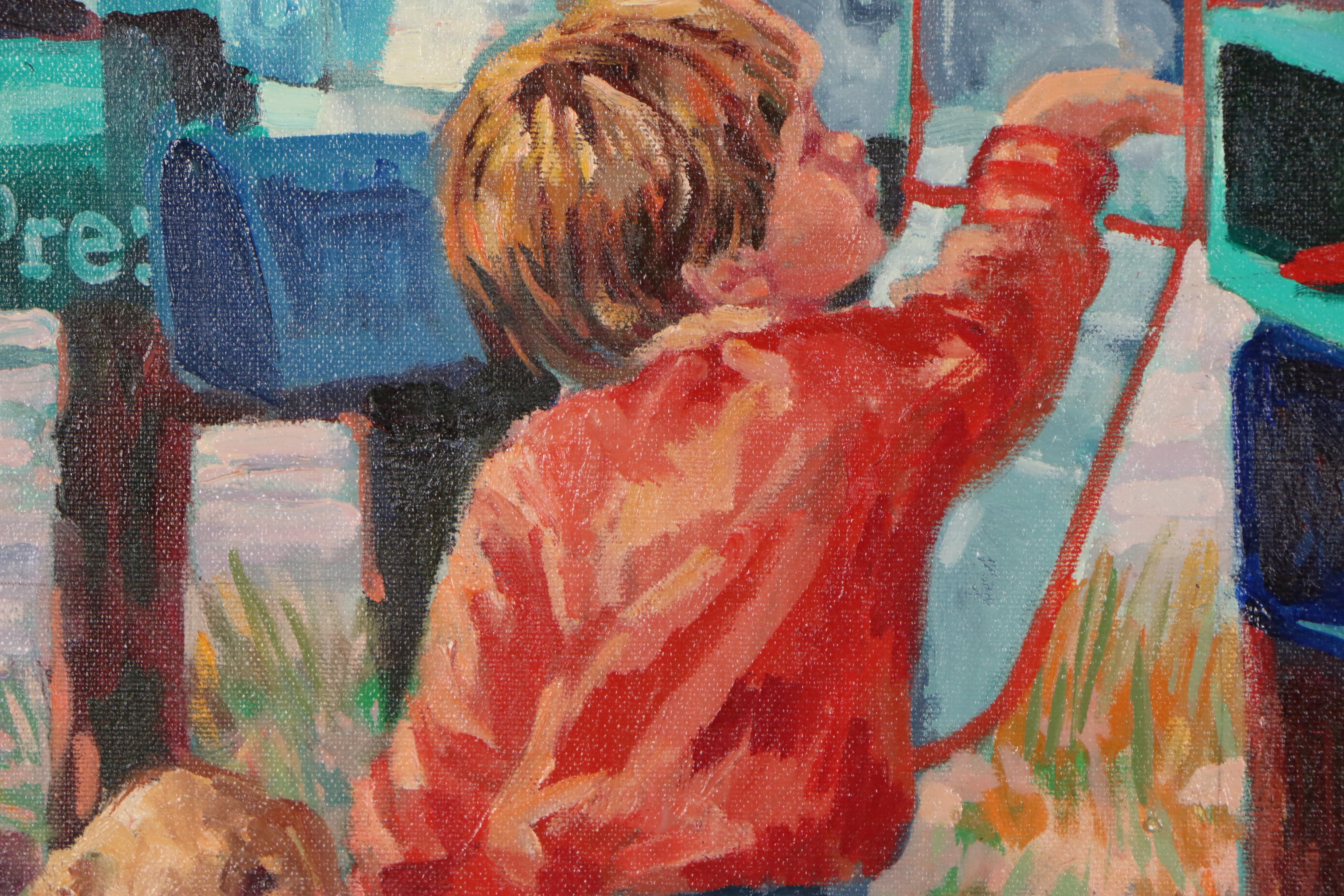 Corinne Hartley Impressionistic Oil Painting of Boy and Dog at Mailboxes