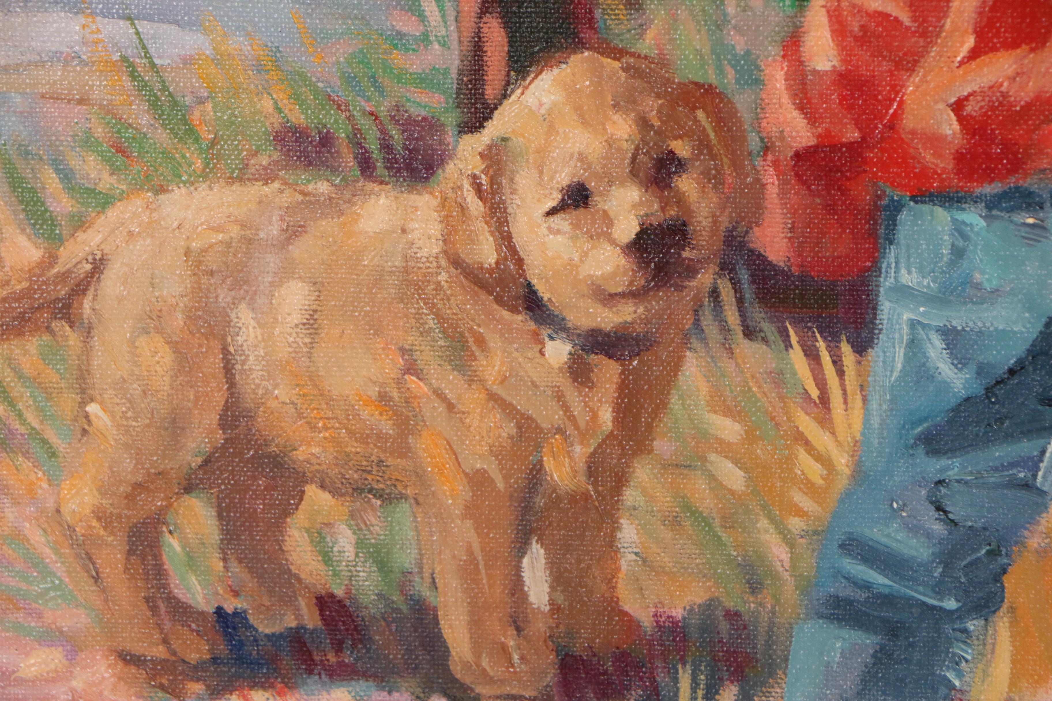 Corinne Hartley Impressionistic Oil Painting of Boy and Dog at Mailboxes