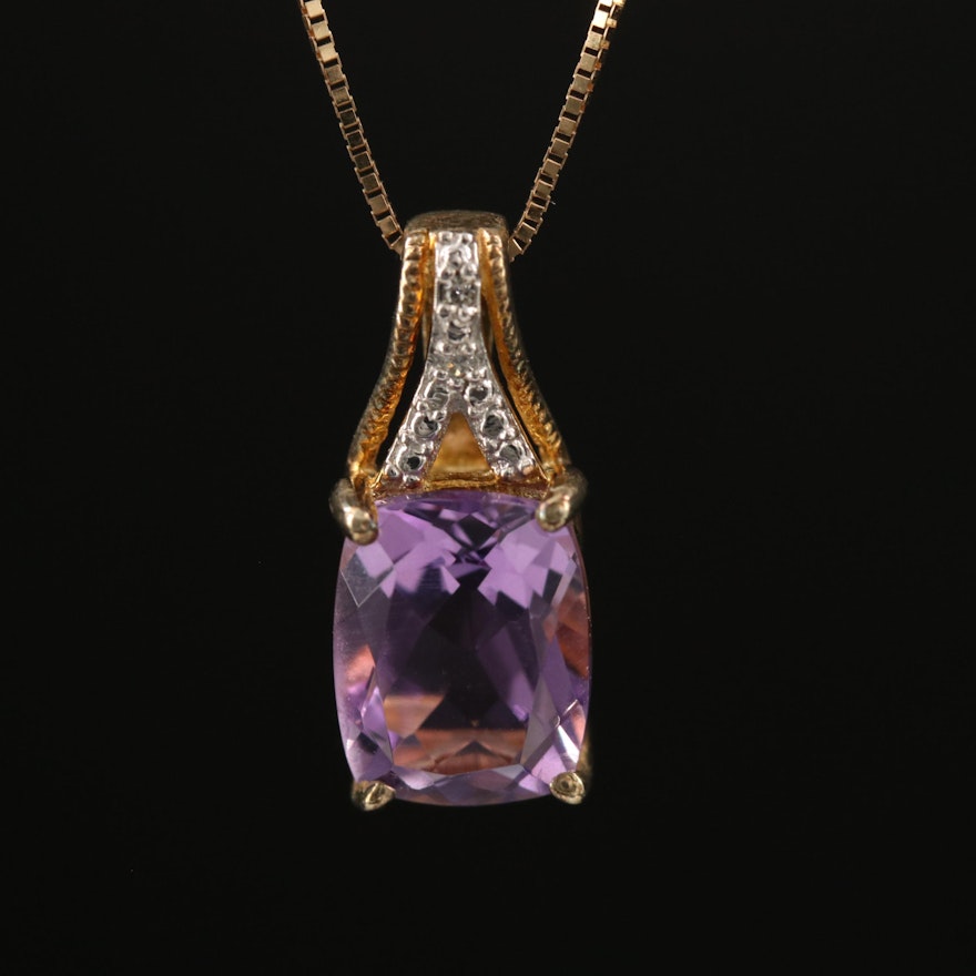 Sterling Amethyst and Diamond Pendant on 10K Box Chain Necklace