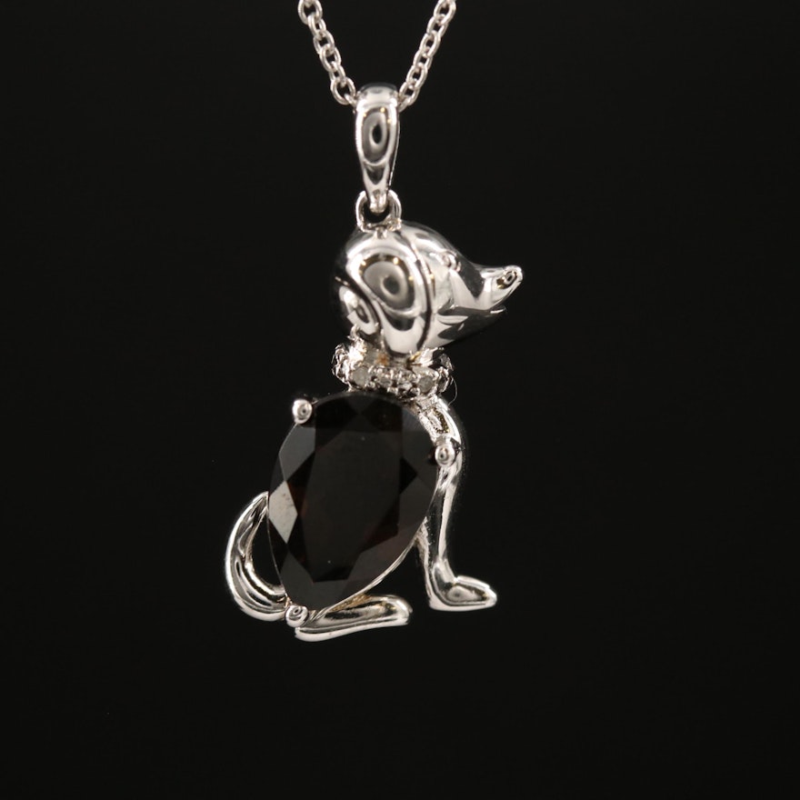 Sterling Silver Smoky Quartz and Diamond Dog Pendant Necklace