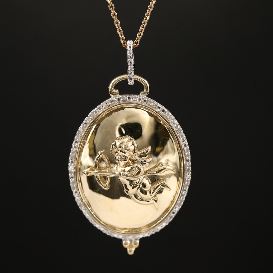 Sterling Silver Cherub Pendant Necklace with Diamond Halo