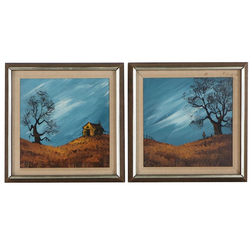 Naive Style Diptych Acrylic Painting of House and Figures on Rolling Hills