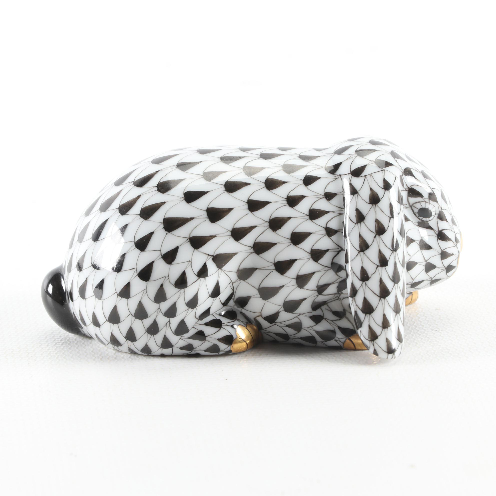 Herend Black Fishnet "Lop Ear Bunny" Porcelain Figurine, September 1995