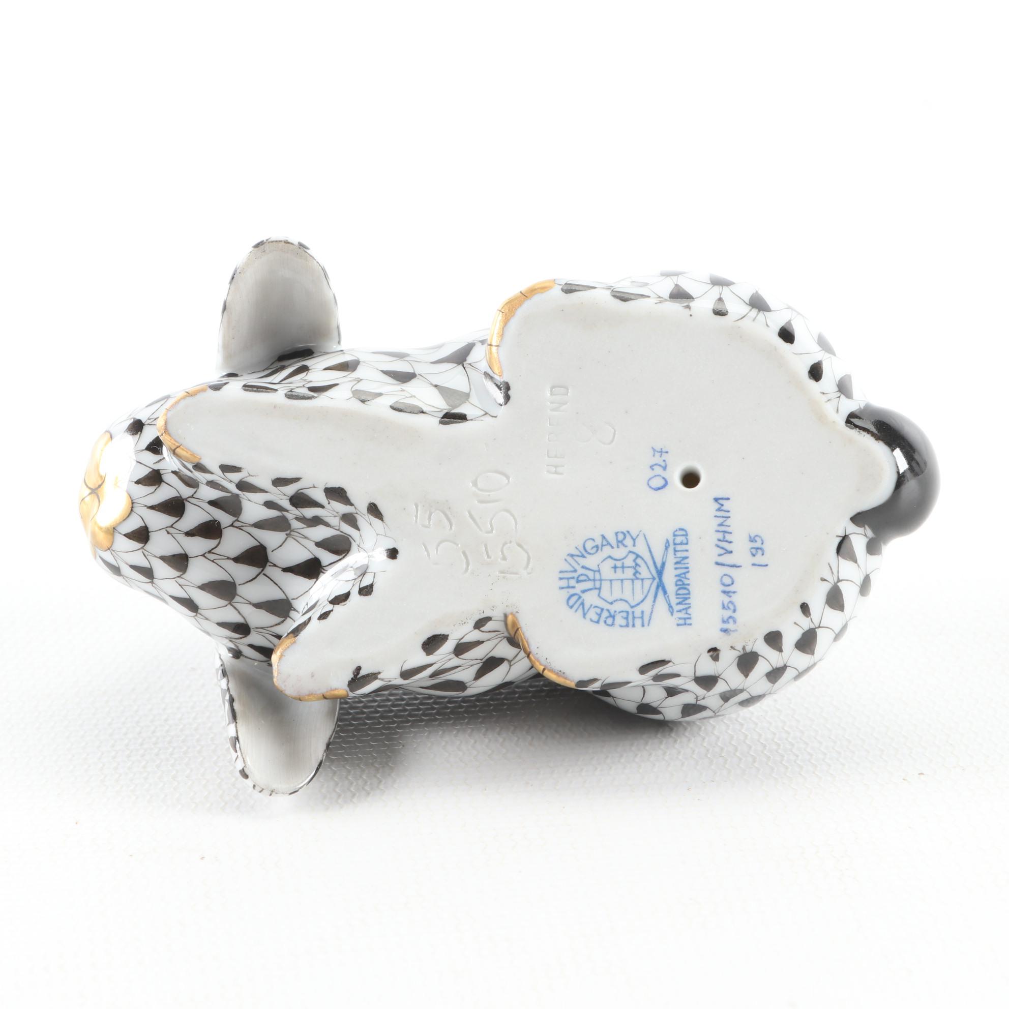 Herend Black Fishnet "Lop Ear Bunny" Porcelain Figurine, September 1995