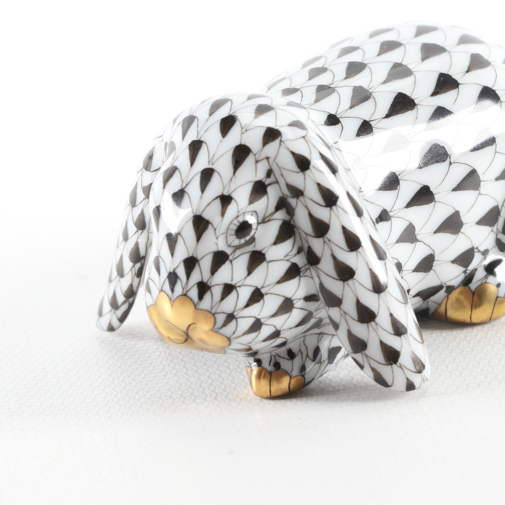 Herend Black Fishnet "Lop Ear Bunny" Porcelain Figurine, September 1995