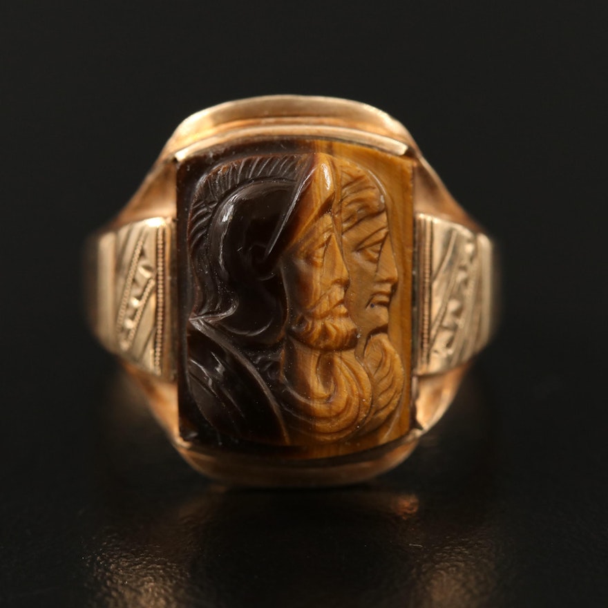 Circa 1900 10K Carved Tiger's Eye Capita Jugata Roman Solder Ring
