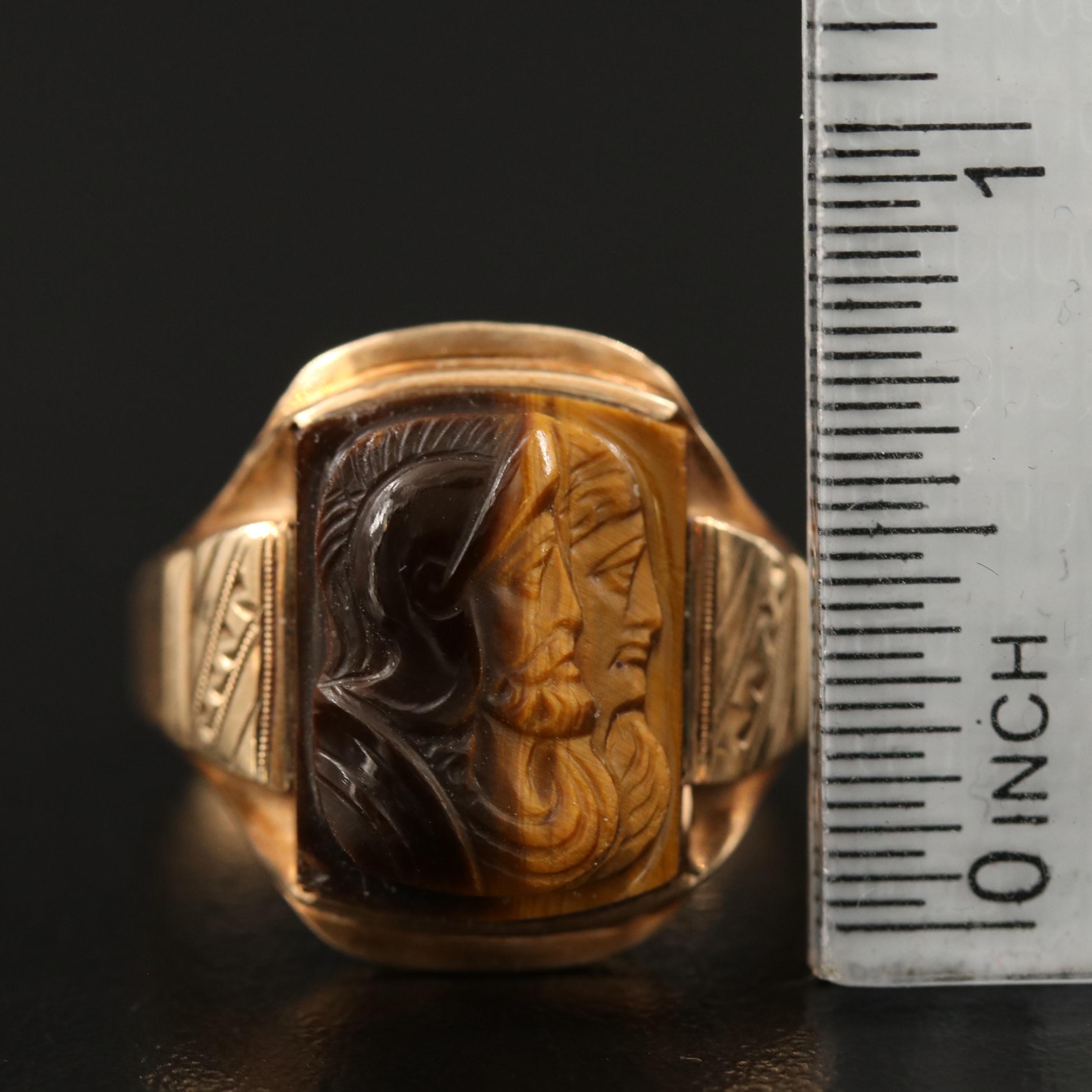 Circa 1900 10K Carved Tiger's Eye Capita Jugata Roman Solder Ring