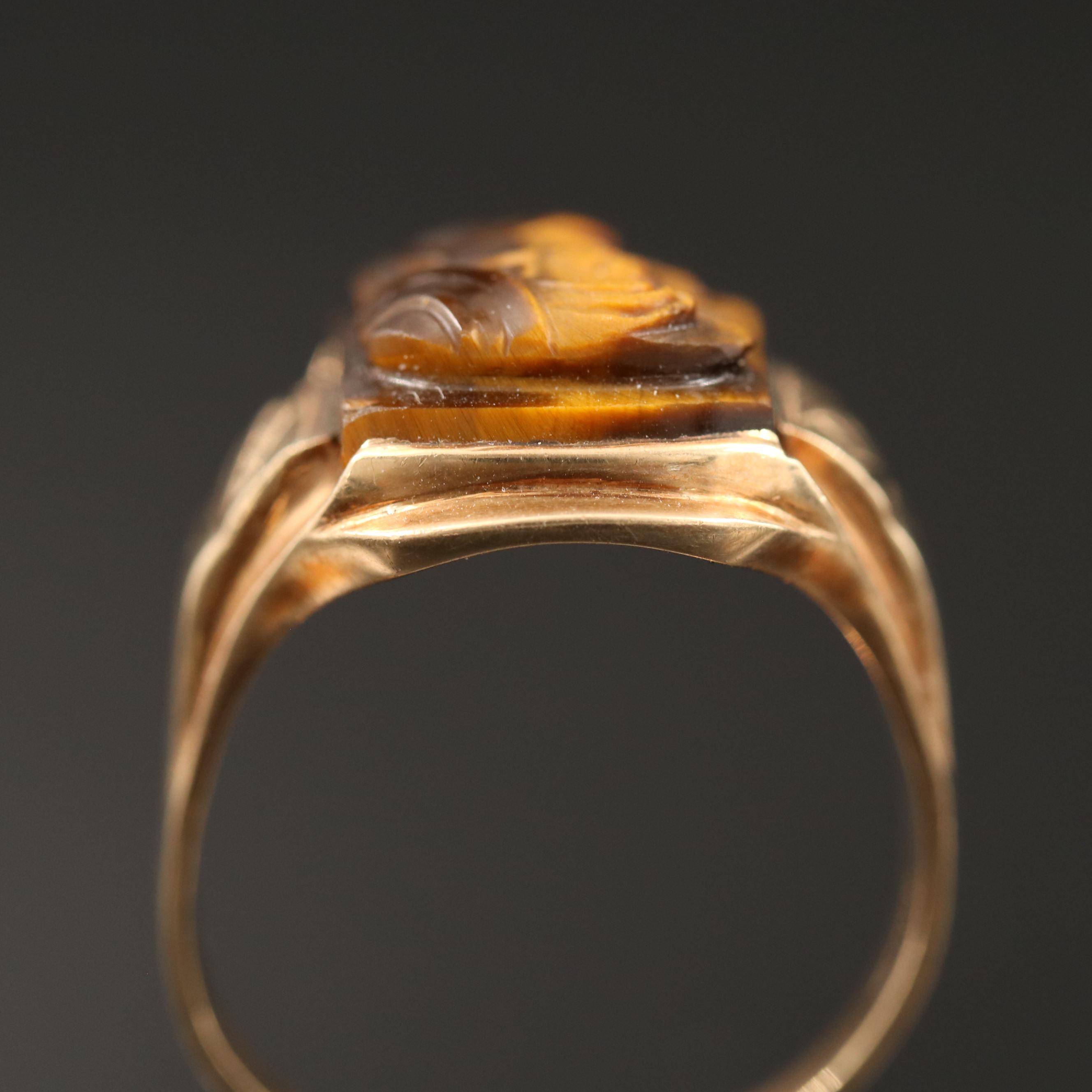 Circa 1900 10K Carved Tiger's Eye Capita Jugata Roman Solder Ring