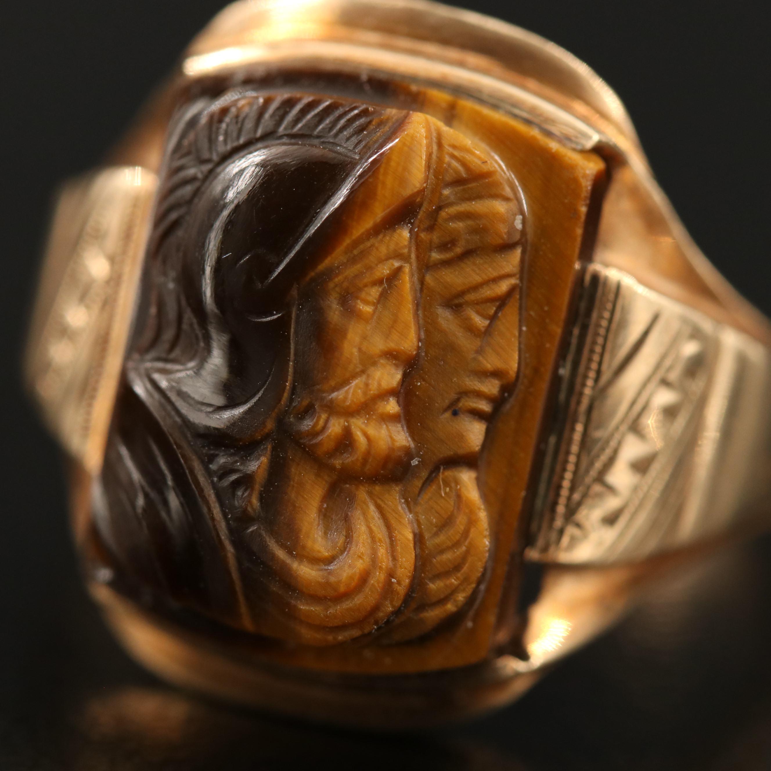 Circa 1900 10K Carved Tiger's Eye Capita Jugata Roman Solder Ring