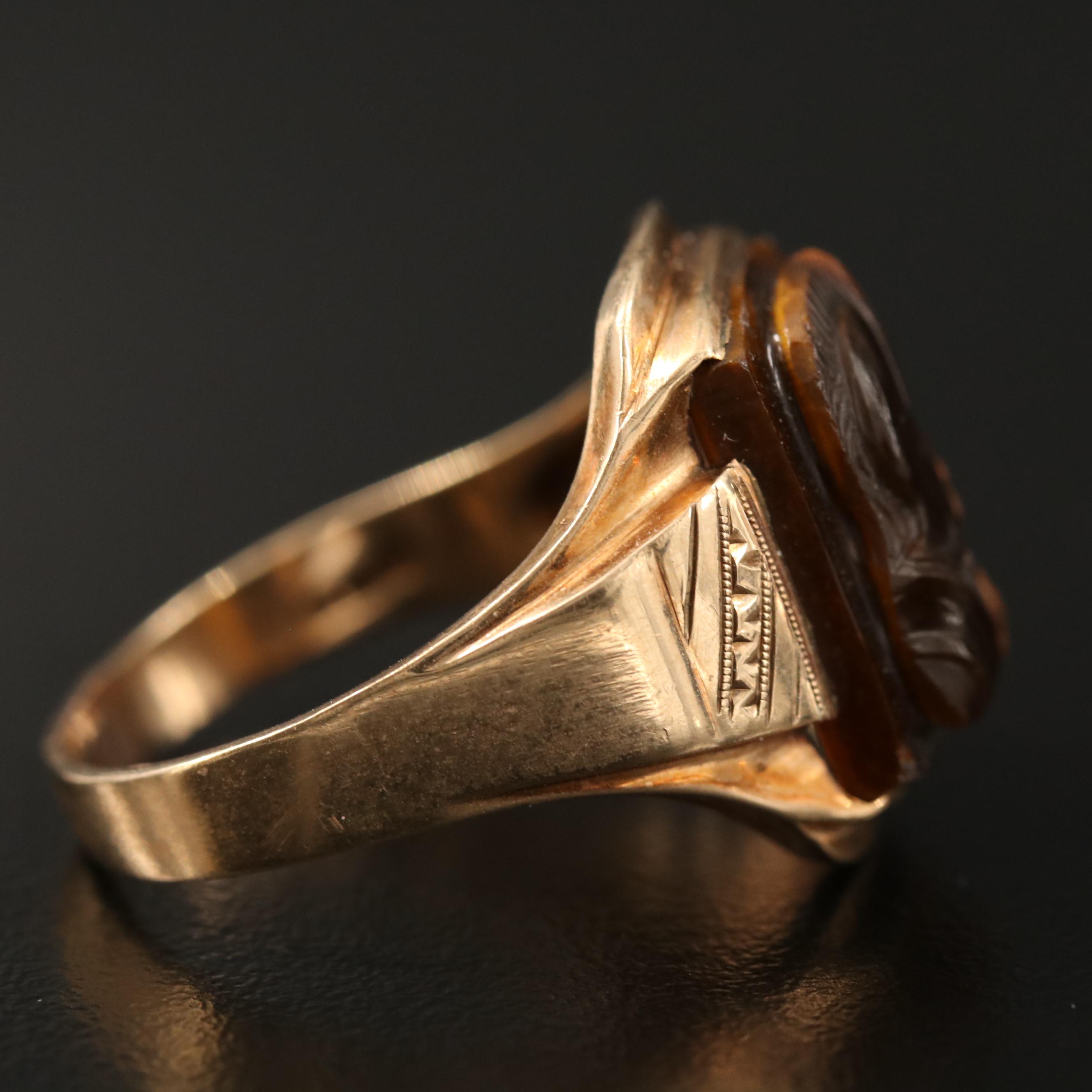 Circa 1900 10K Carved Tiger's Eye Capita Jugata Roman Solder Ring