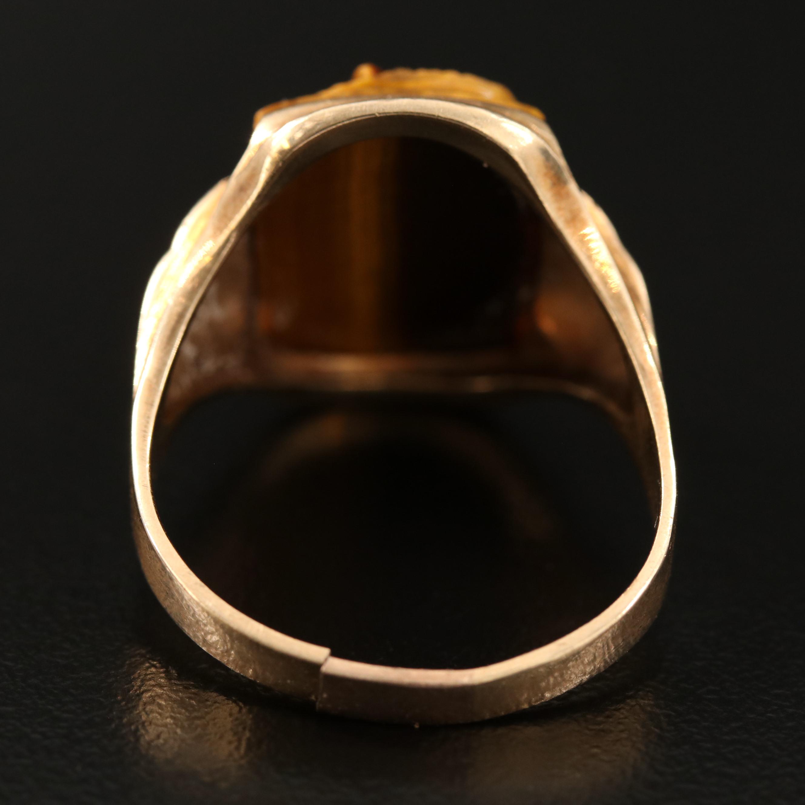 Circa 1900 10K Carved Tiger's Eye Capita Jugata Roman Solder Ring