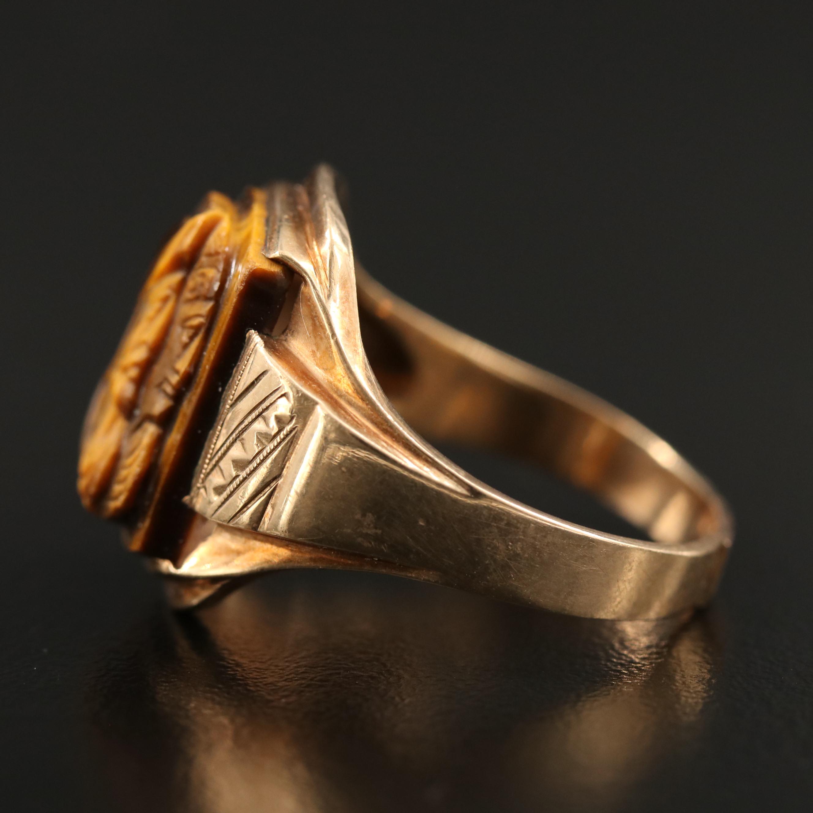 Circa 1900 10K Carved Tiger's Eye Capita Jugata Roman Solder Ring