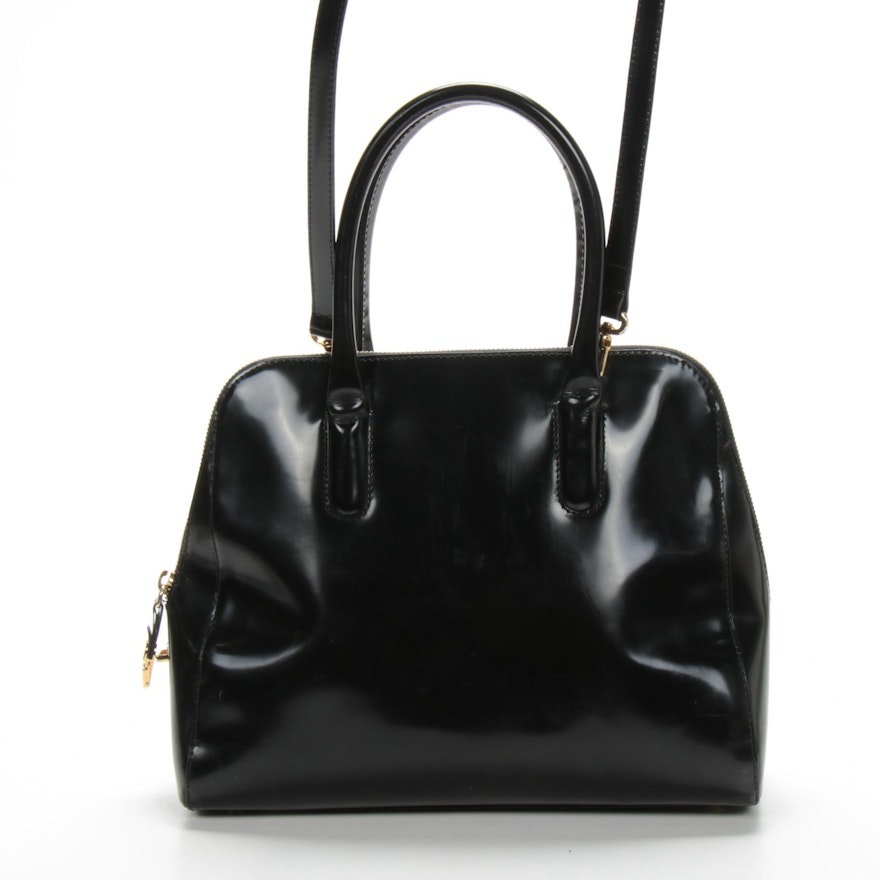 Furla Convertible Top Handle Two-Way Bag in Black Glazed Leather