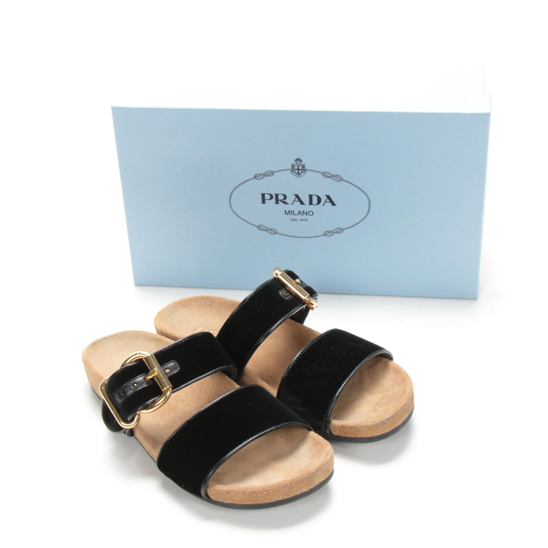 Prada Calzature Donna Slide Sandals in Black Velvet and Leather