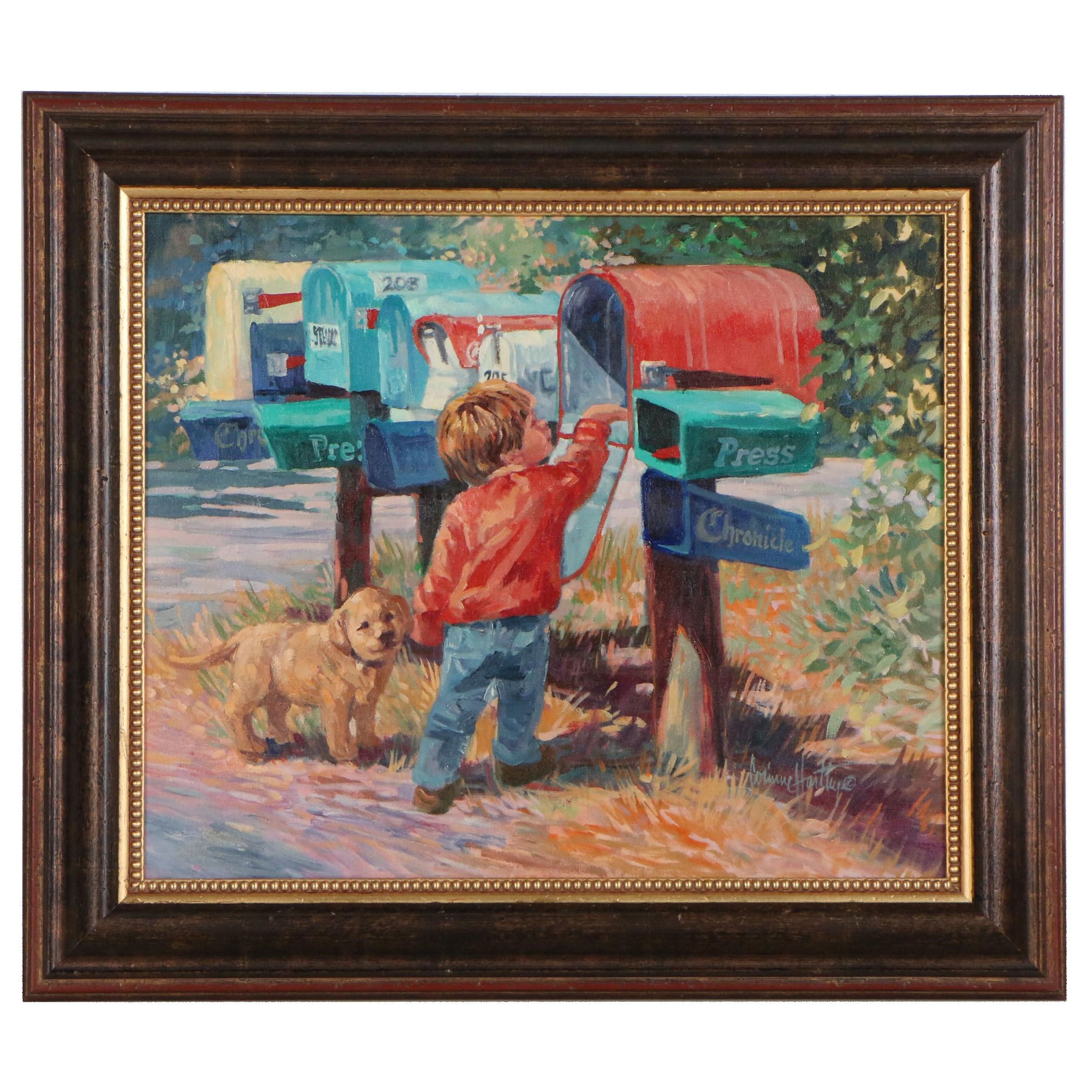Corinne Hartley Impressionistic Oil Painting of Boy and Dog at Mailboxes