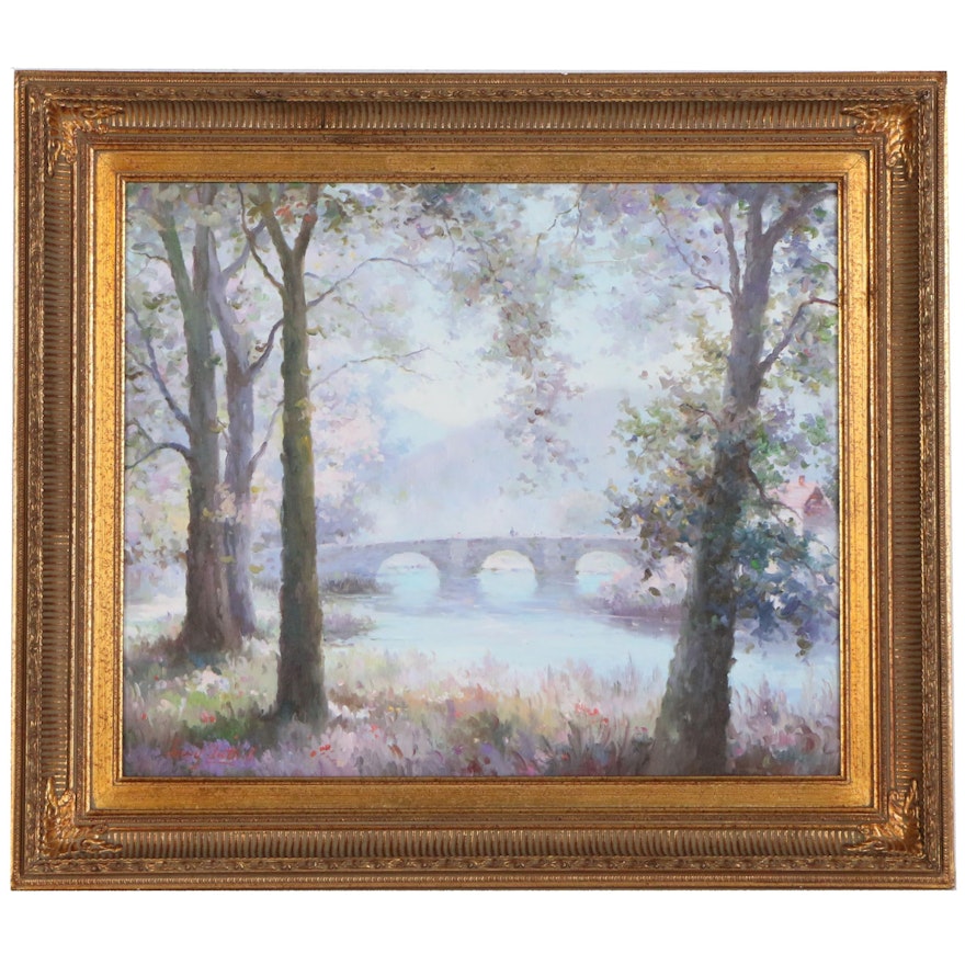 Jerry Tuthill Impressionist Style Oil Painting of River Scene with Bridge